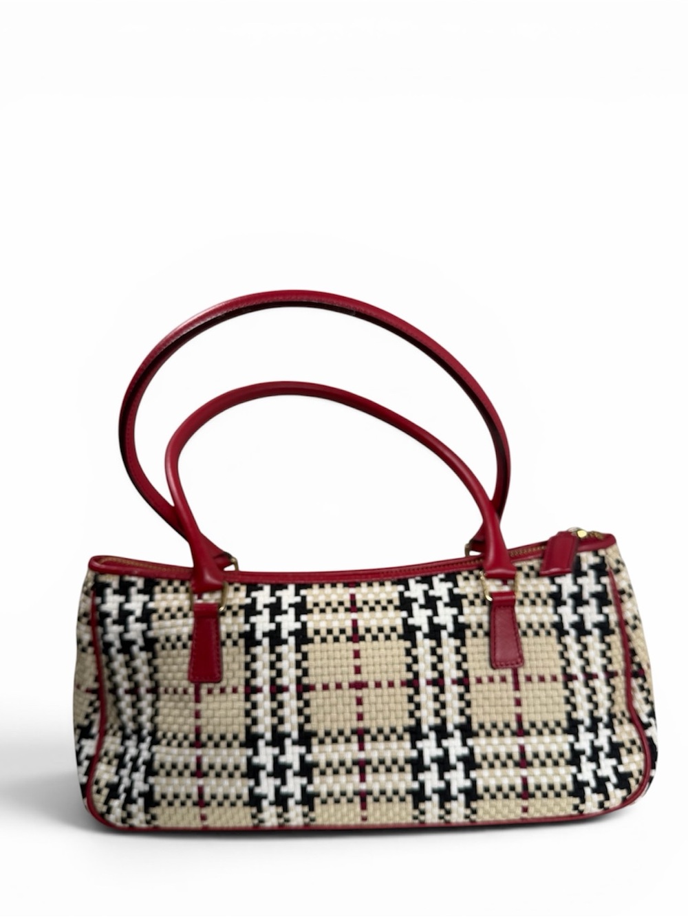 Burberry Blue label Woven Plaid Tote with Red Trim